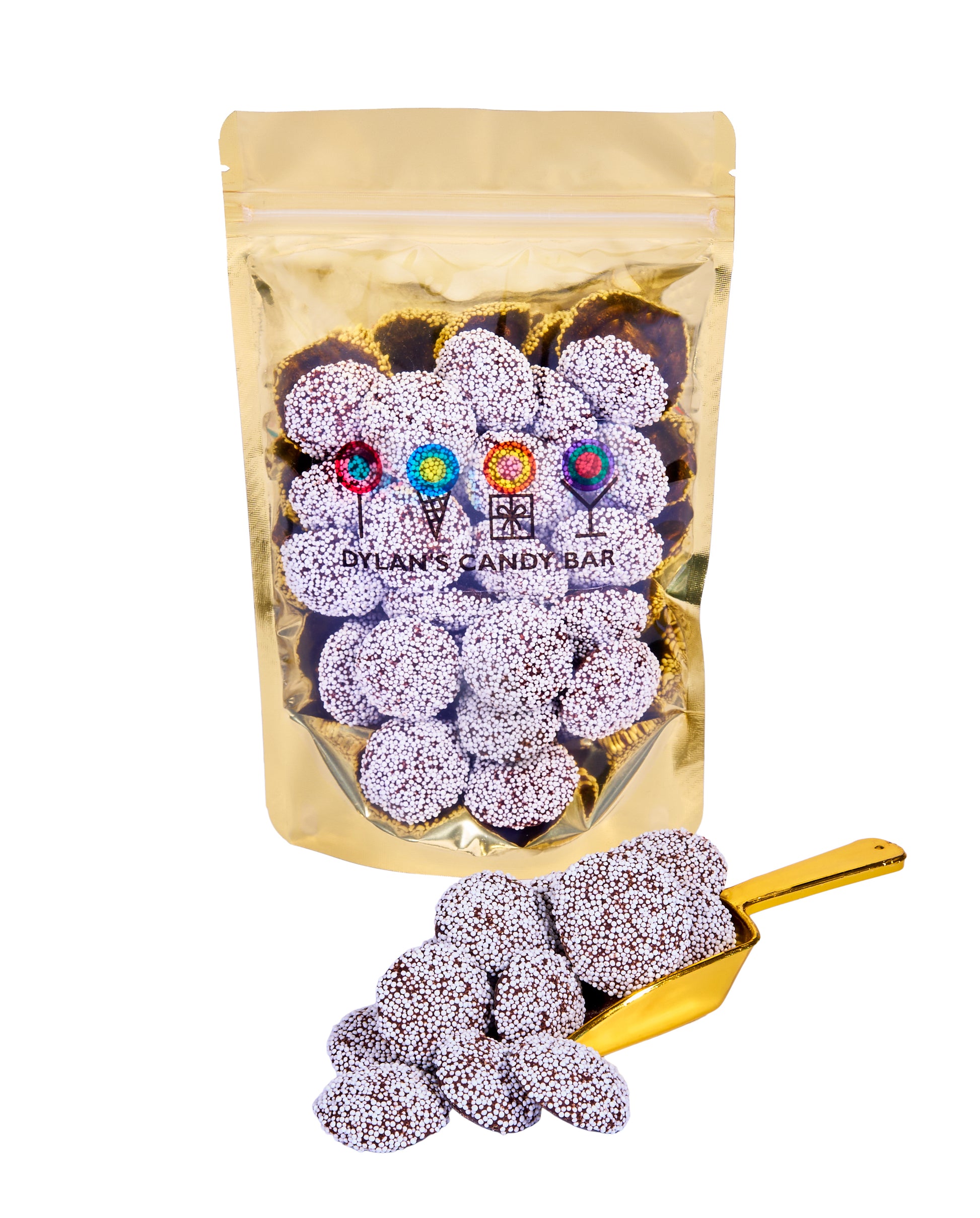 Dark Chocolate Nonpareils in resealable gold mylar bag next to Dark Chocolate Nonpareils overflowing from gold scoop