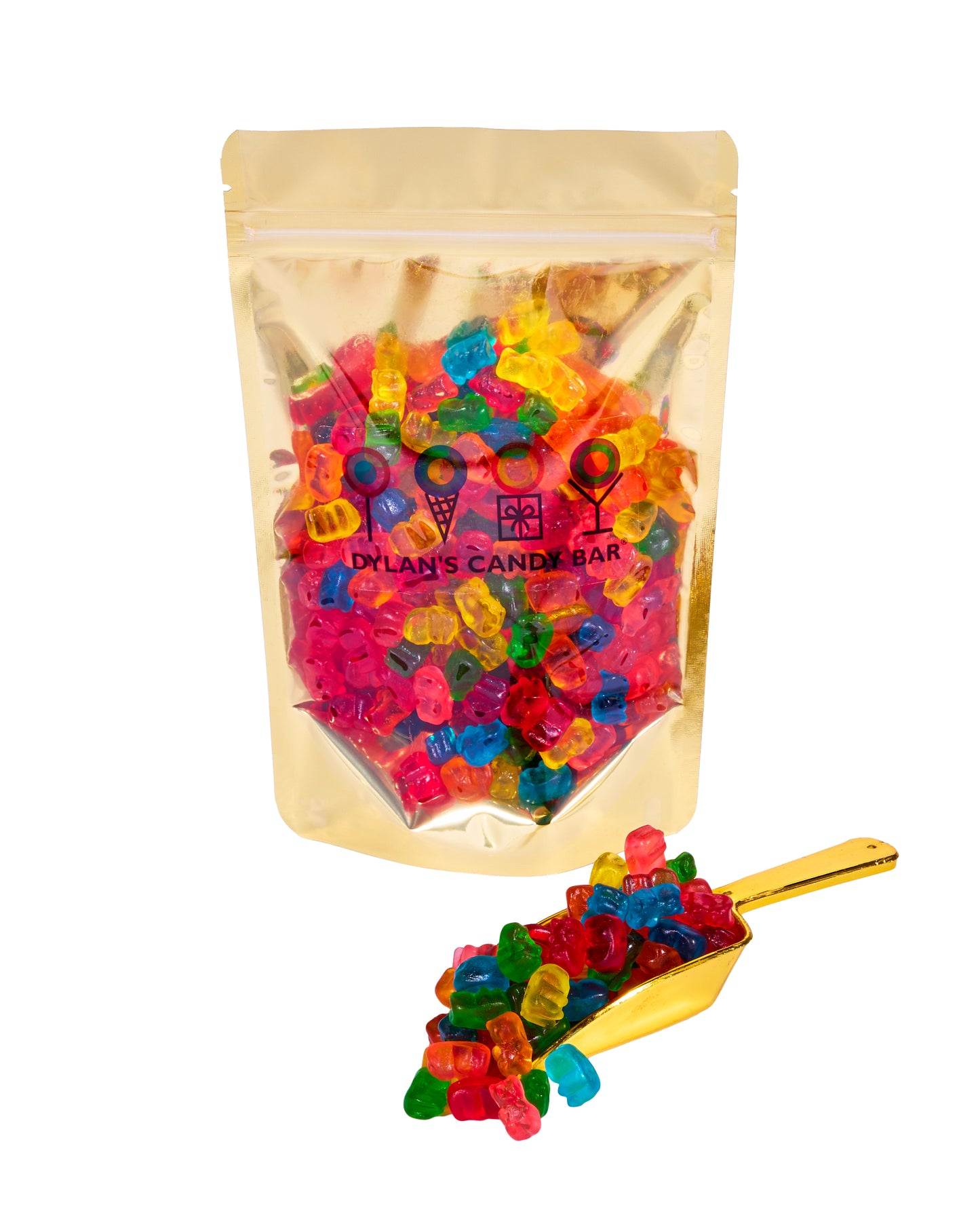 Fruity Mini Gummy Bears in resealable gold mylar bag next to Fruity Mini Gummy Bears overflowing from gold scoop