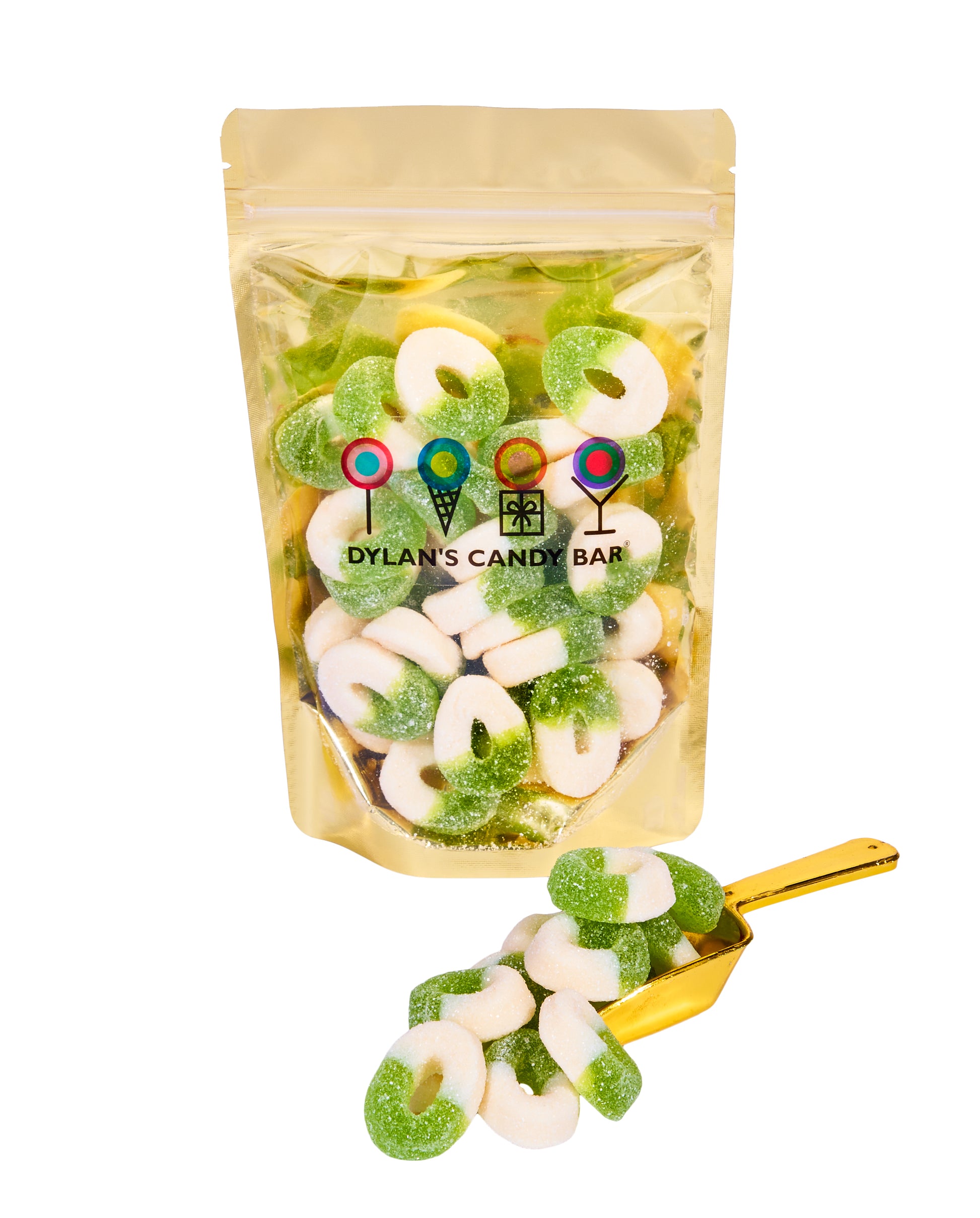 Green Apple Gummy Rings in resealable gold mylar bag next to Green Apple Gummy Rings overflowing from gold scoop