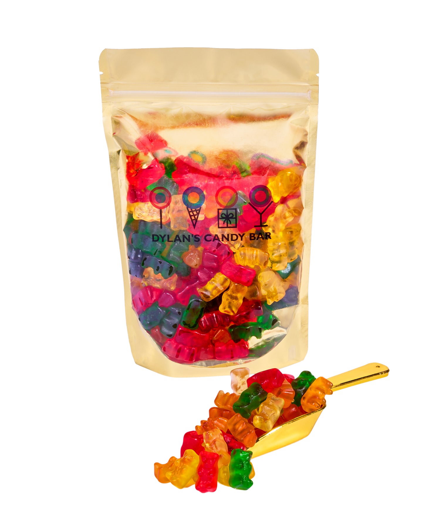 Haribo Fruity Gummy Bears in resealable gold mylar bag next to Haribo Fruity Gummy Bears overflowing from gold scoop