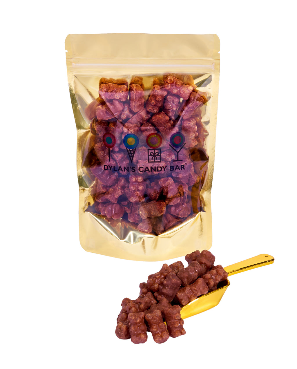 Milk Chocolate-Covered Fruity Gummy Bears in resealable gold mylar bag next to Milk Chocolate-Covered Fruity Gummy Bears overflowing from gold scoop