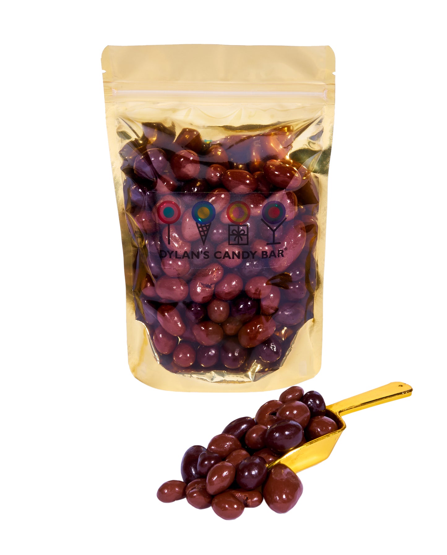 Milk & Dark Chocolate-Covered Fruits 'n Nuts in resealable gold mylar bag next to Milk & Dark Chocolate-Covered Fruits 'n Nuts overflowing from gold scoop