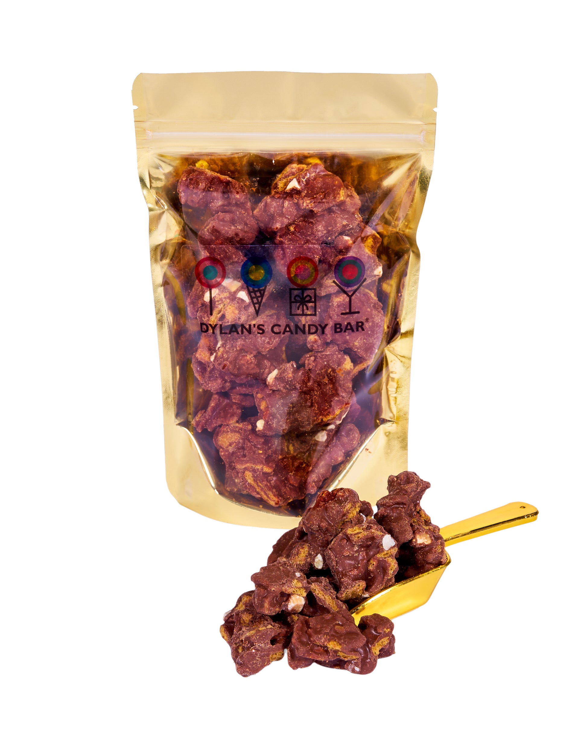 OMG! Milk Chocolaty Clusters in resealable gold mylar bag next to OMG! Milk Chocolaty Clusters overflowing from gold scoop