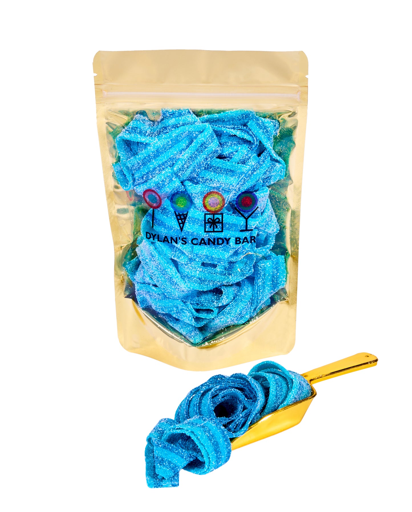 Sour Berry Blue Belts in resealable gold mylar bag next to Sour Berry Blue Belts overflowing from gold scoop