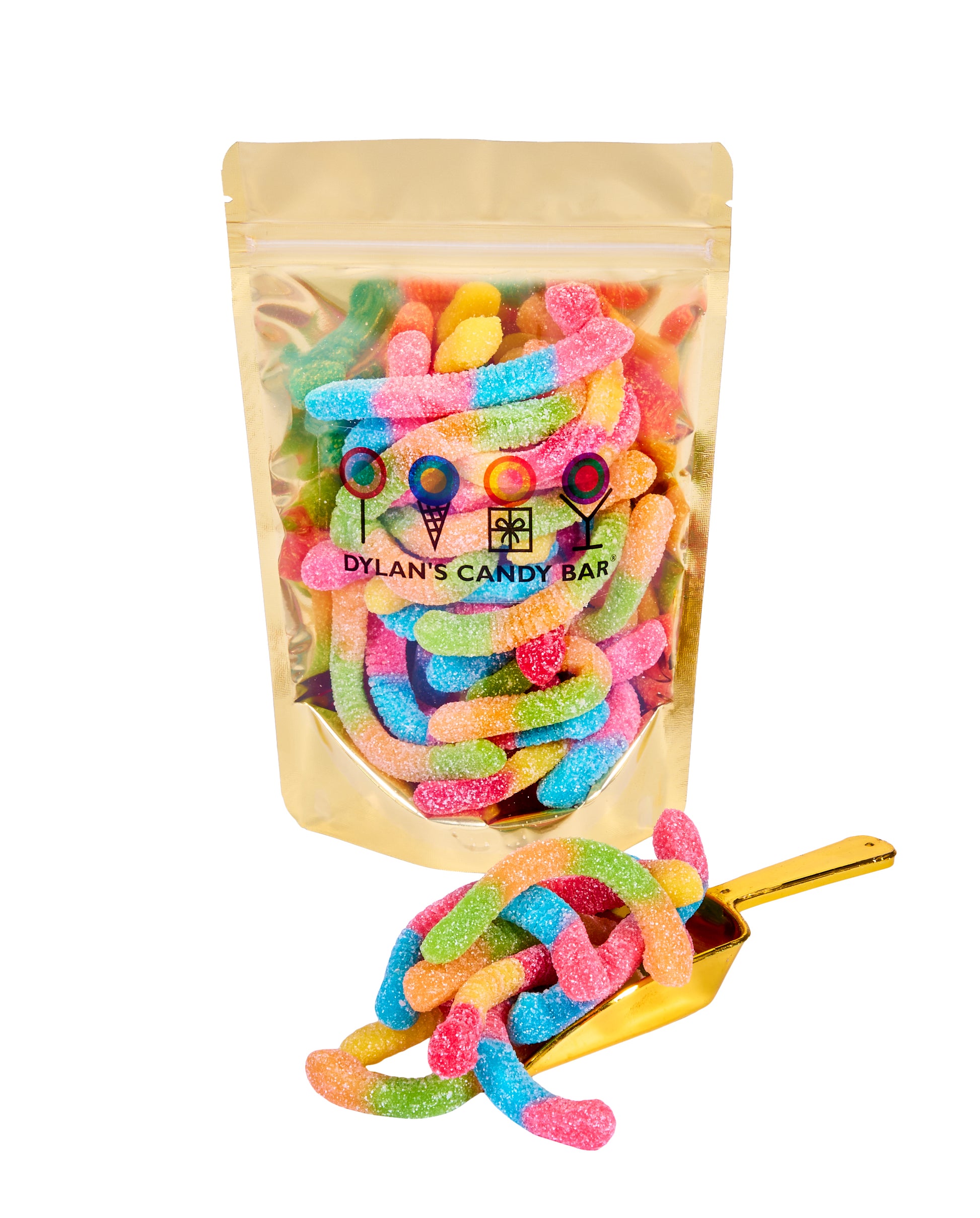 Sour Fruity Neon Gummy Worms in resealable gold mylar bag next to Sour Fruity Neon Gummy Worms overflowing from gold scoop