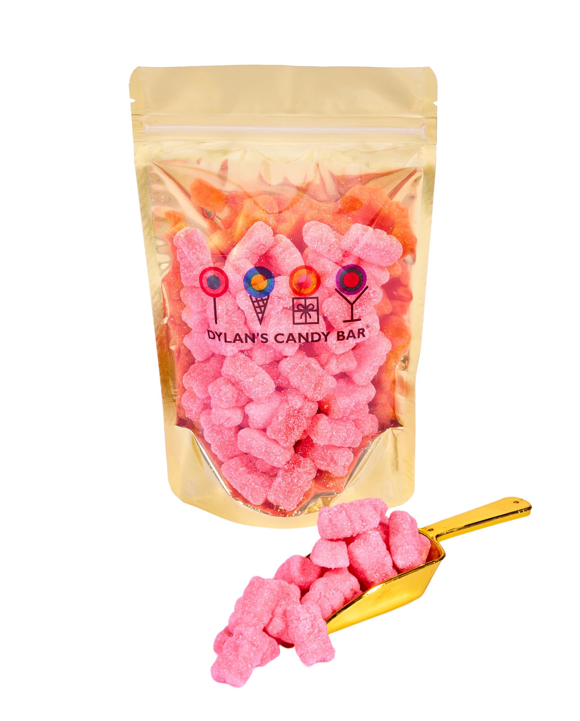 Sour Watermelon Bears in resealable gold mylar bag next to Sour Watermelon Bears overflowing from gold scoop