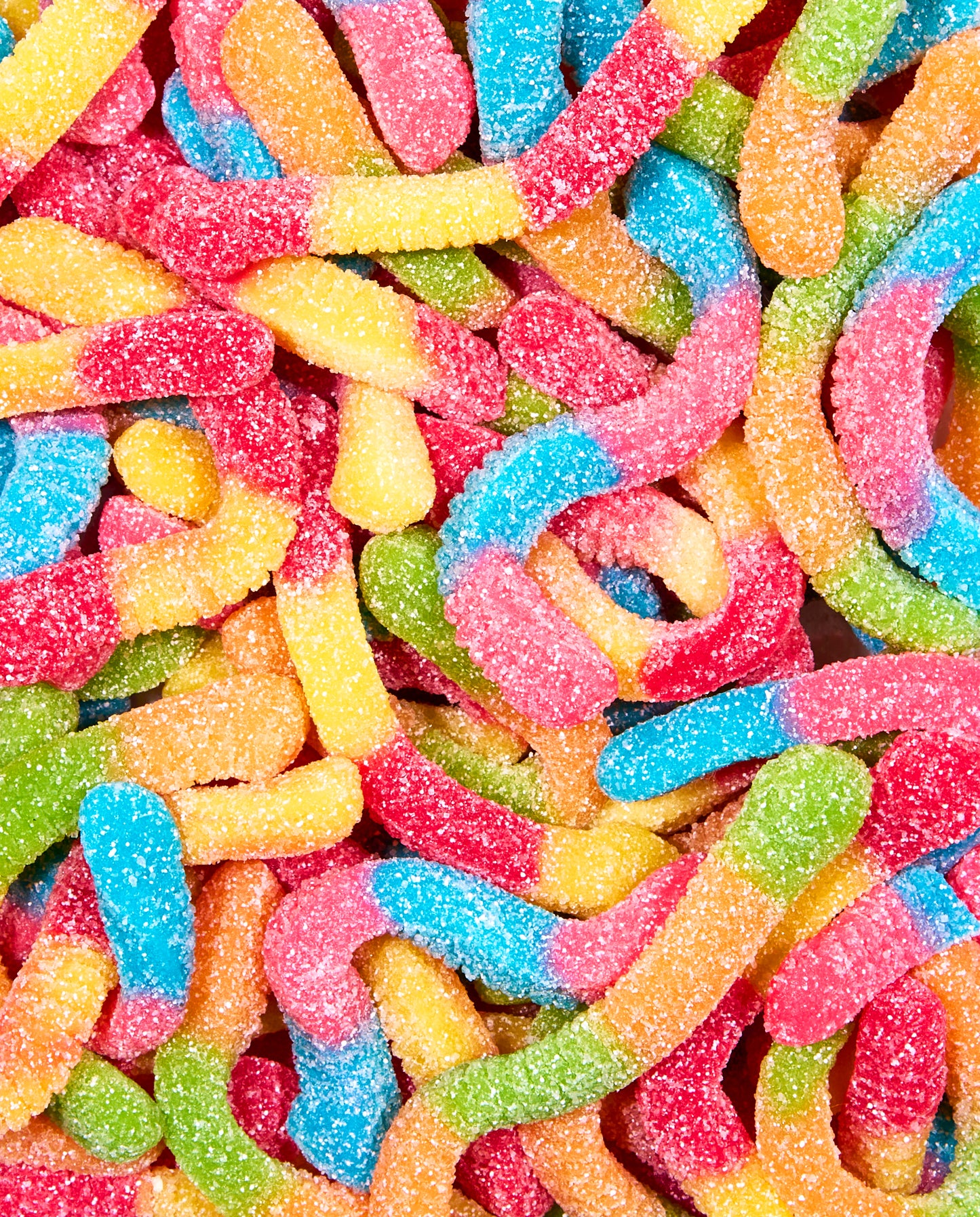 Zoomed-in Sour Fruity Neon Gummy Worms